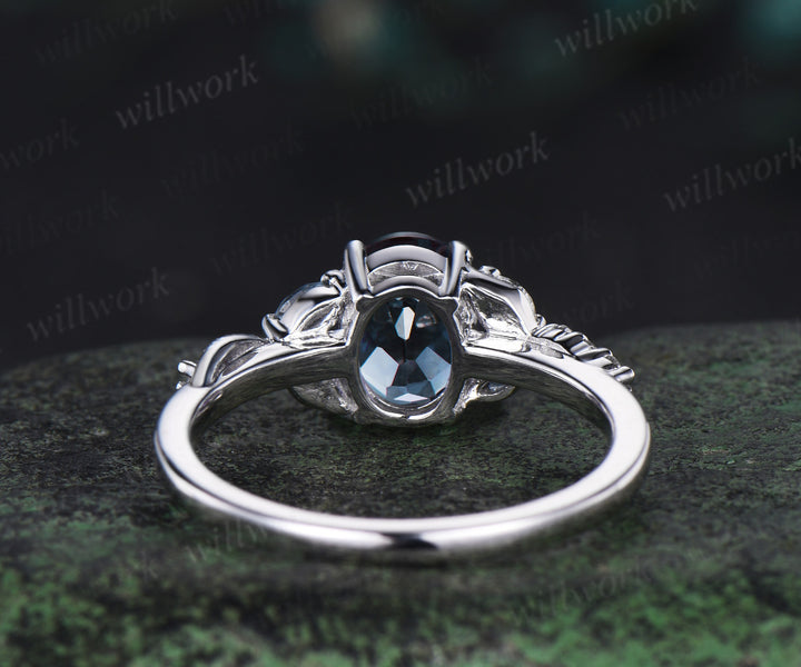 Oval London blue topaz Wedding Ring Double Snake Engagement Ring white gold Cluster Diamond Wedding Ring Unique Serpent Ring Proposal Gift for Her