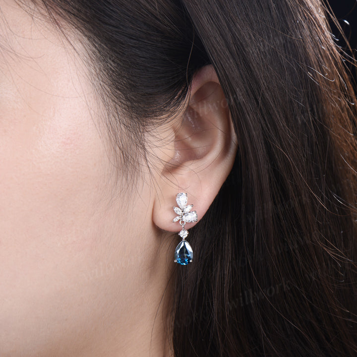 Pear cut London blue topaz earrings solid 14k white gold cluster moissanite opal drop earrings women anniversary gift for her