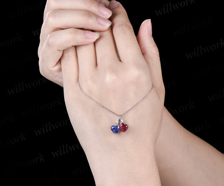 Double heart shaped sapphire ruby Necklace 14k white gold four stone Pendant Birthstone Gift