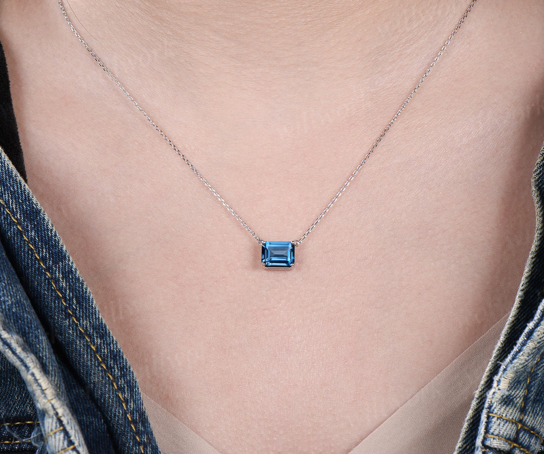 Emerald Cut London Blue Topaz Necklace 14k 18k white gold Solitaire East To West Necklace Women