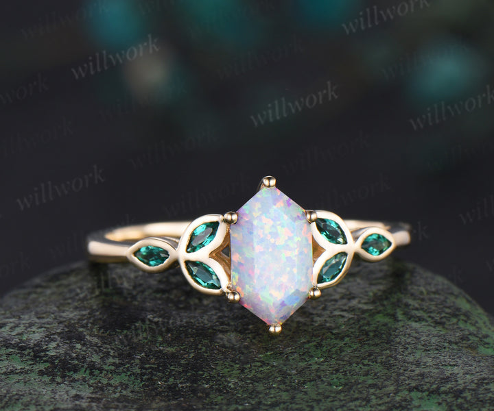 Long hexagon cut white opal ring vintage 14k yellow gold marquise leaf bezel emerald ring antique unique engagement ring women gift