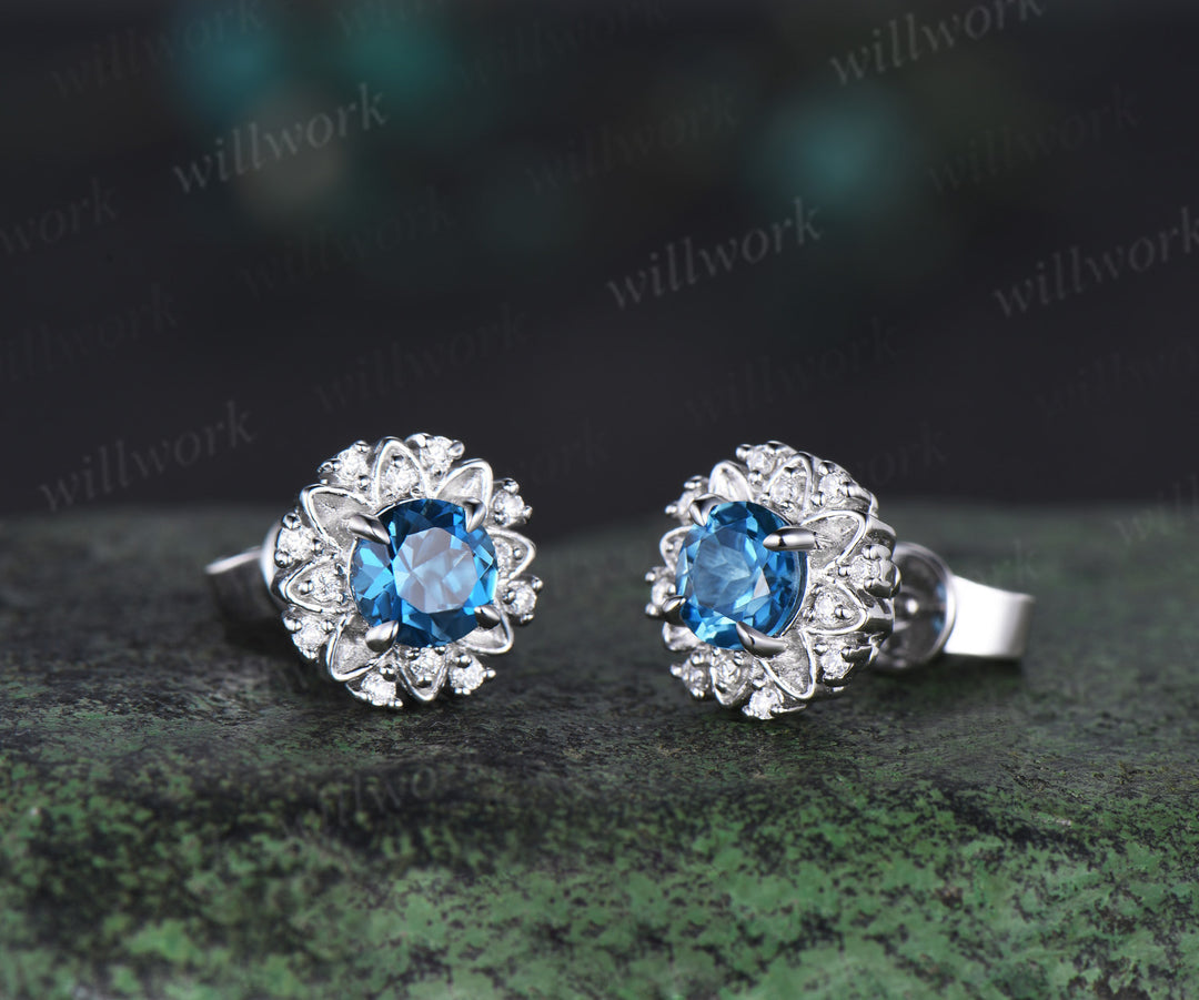 Unique Round Cut London Blue Topaz Stud Earrings Art Deco 14k white Gold diamond Halo Earrings December Birthstone Earrings