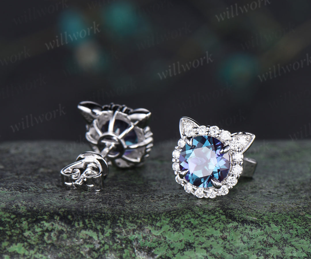 1ct Round cut Alexandrite Halo diamond Earrings white gold June Birthstone Cute Cat Stud Earrings Birthday Gifts Women