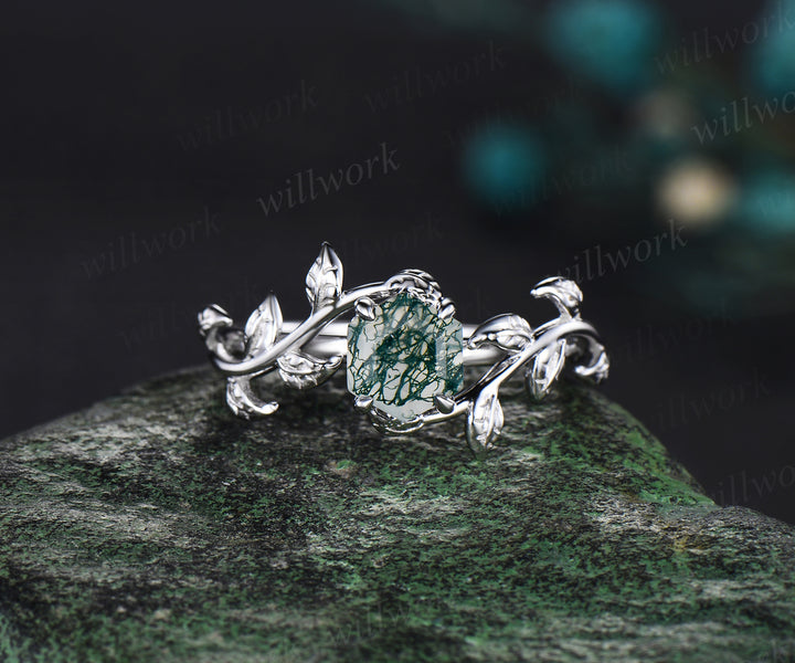 Hexagon cut green moss agate engagement ring set white gold vintage emerald leaf branch bridal set women