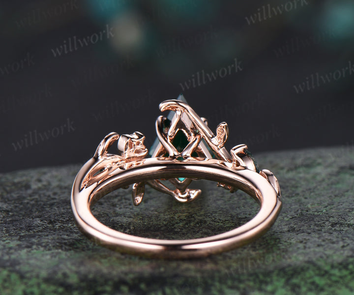 Kite cut emerald ring moon leaf nature inspired engagement ring solid 14k rose gold moss agate wedding ring women