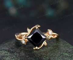 Princess cut black onyx engagement ring antique square black gemstone moissanite leaf twig ring nature inspired bridal ring