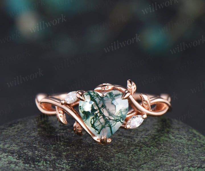 Kite/Coffin/Heart/Princess/Hexagon Cut Nature Inspired Twig Natural Green Moss Agate Engagement Ring Twisted Infinity Promise Ring Anniversary gift