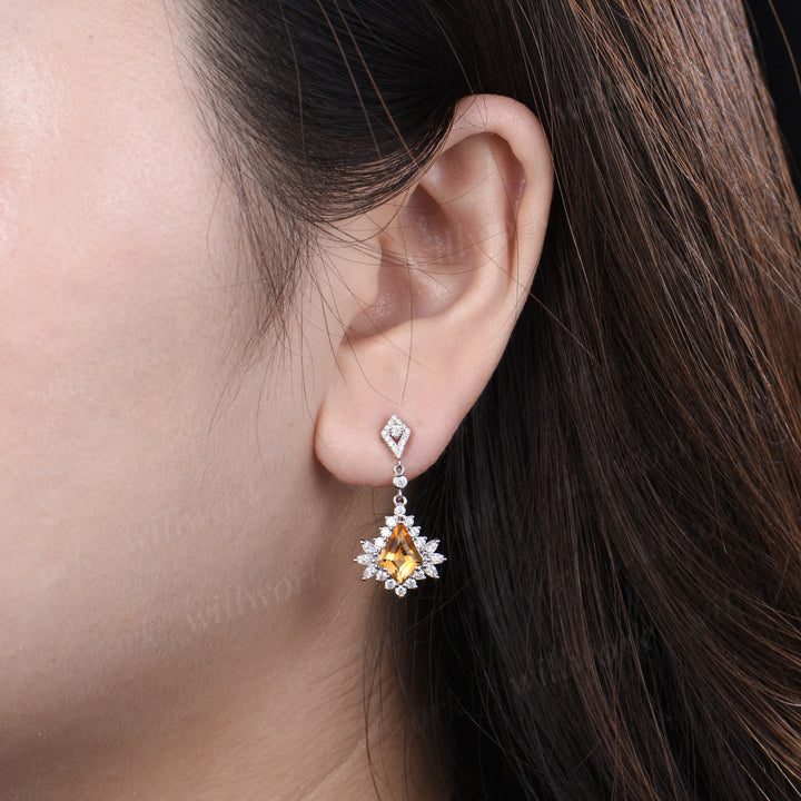 Kite citrine drop earrings marquise moissanite halo earrings vintage dangle piercing earrings wedding anniversary gifts