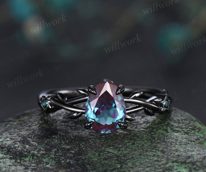 Gothic Black Moon Star Pear Shaped Alexandrite Engagement Ring 14k Black Gold Twig Leaf Vine Alexandrite Wedding Ring Set Anniversary Gift