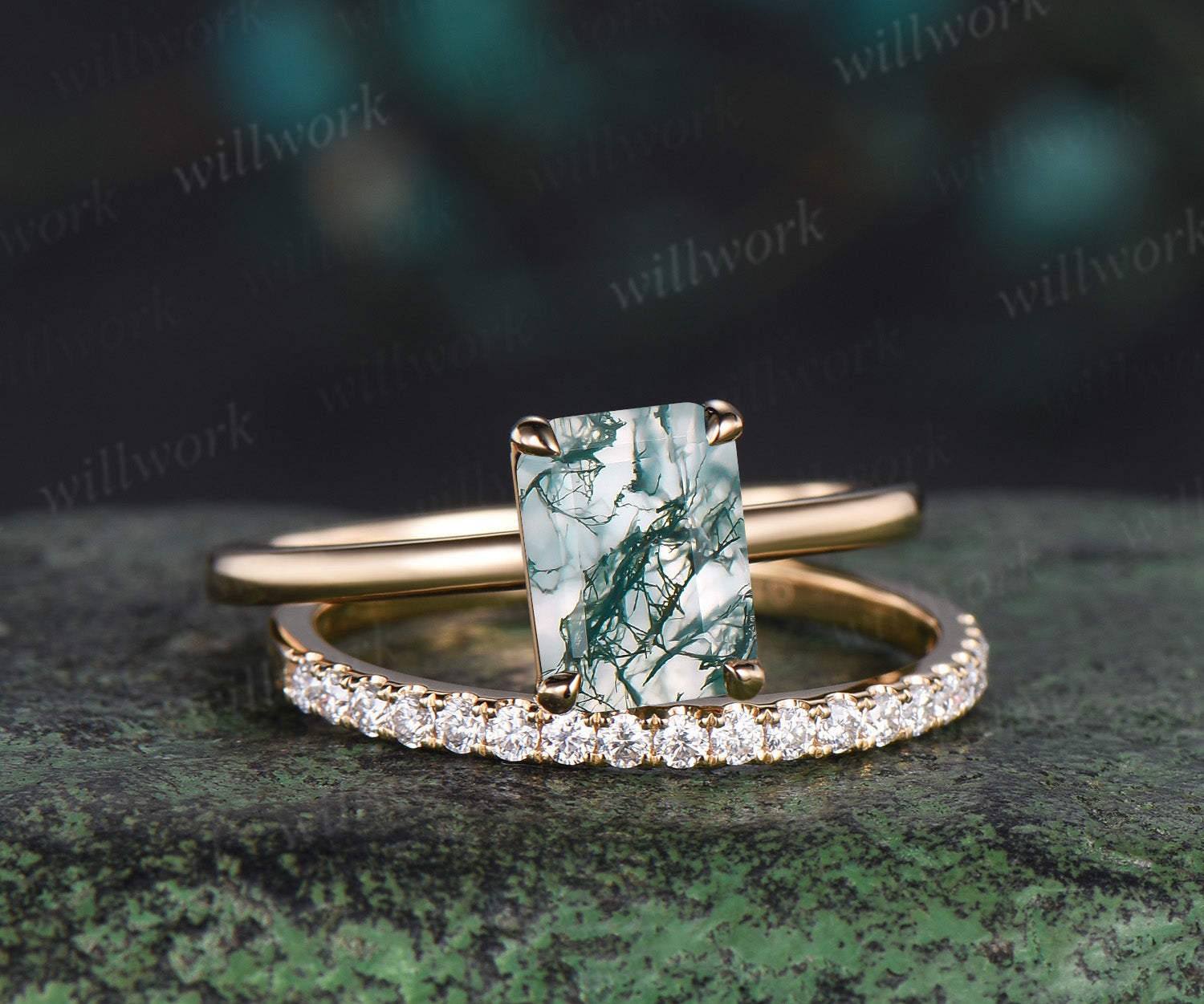 Emerald Cut Natural Moss Agate Engagement Ring 10k Solid Gold Moss