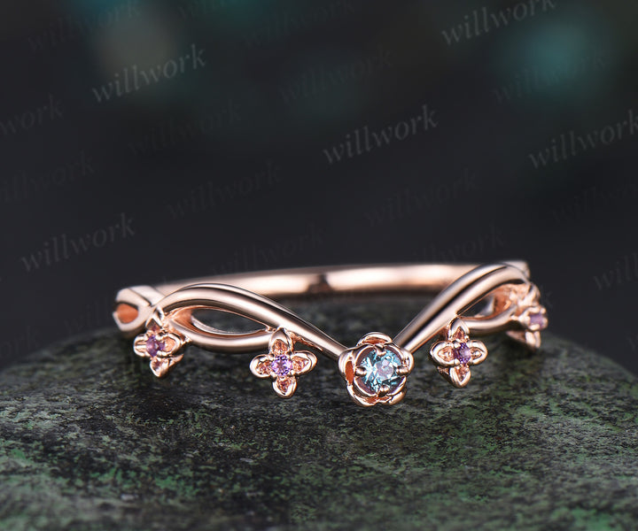 Floral Alexandrite amethyst wedding band five stone infinity stacking ring women 14k rose gold gift