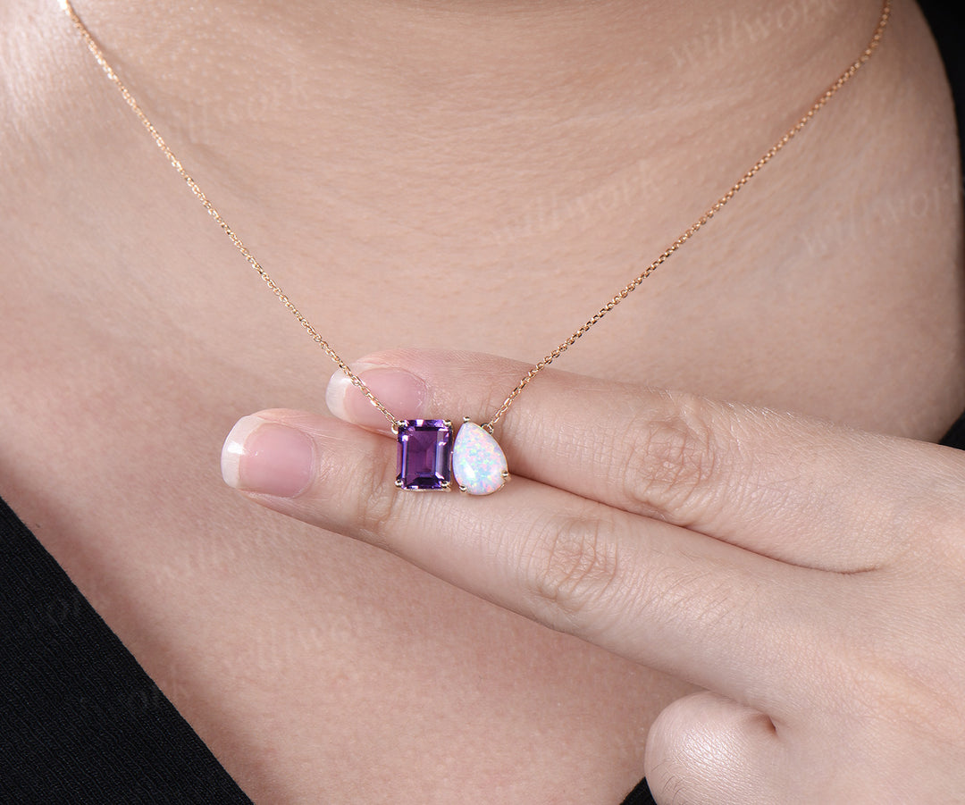 Emerald cut amethyst and pear opal necklace solid 14k rose gold unique two stone pendant women anniversary gift mother