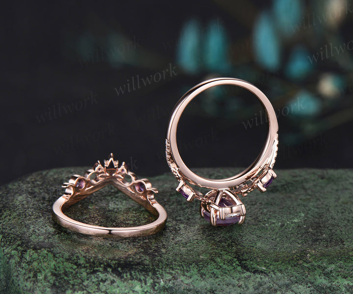 Unique Oval Cut Lavender Amethyst Engagement Ring Set February Birthstone Moon Leaf Nature Inspired Ring Art Deco 2pcs Bridal Ring Set Women