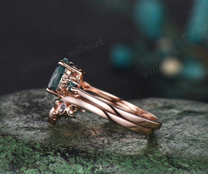 Oval cut green moss agate ring vintage moss agate engagement ring set rose gold marquise cut wedding ring cluster alexandrite ring for women