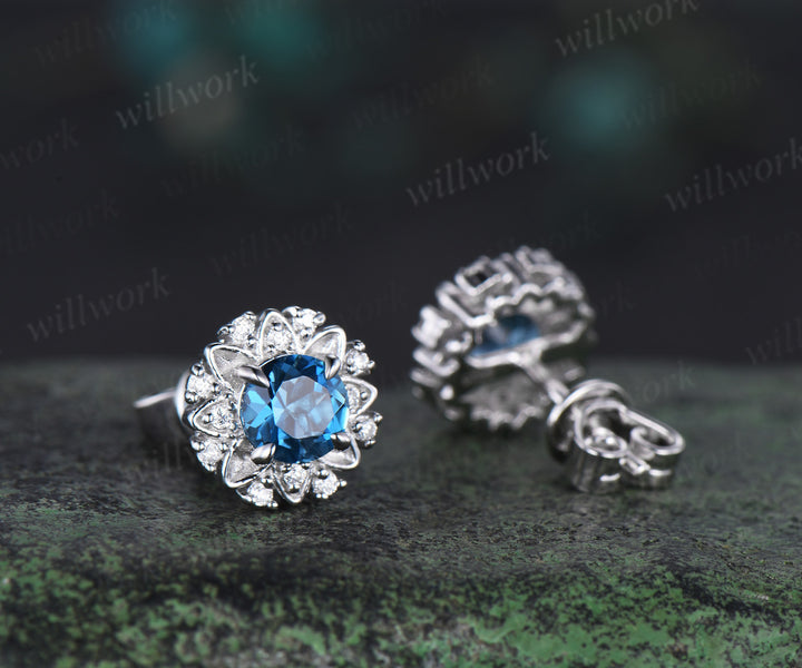 Unique Round Cut London Blue Topaz Stud Earrings Art Deco 14k white Gold diamond Halo Earrings December Birthstone Earrings