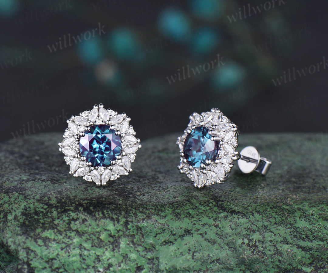 Vintage round cut Alexandrite Earrings women solid 14k white gold 8 prong double halo marquise moissanite Stud Earrings Anniversary Gift