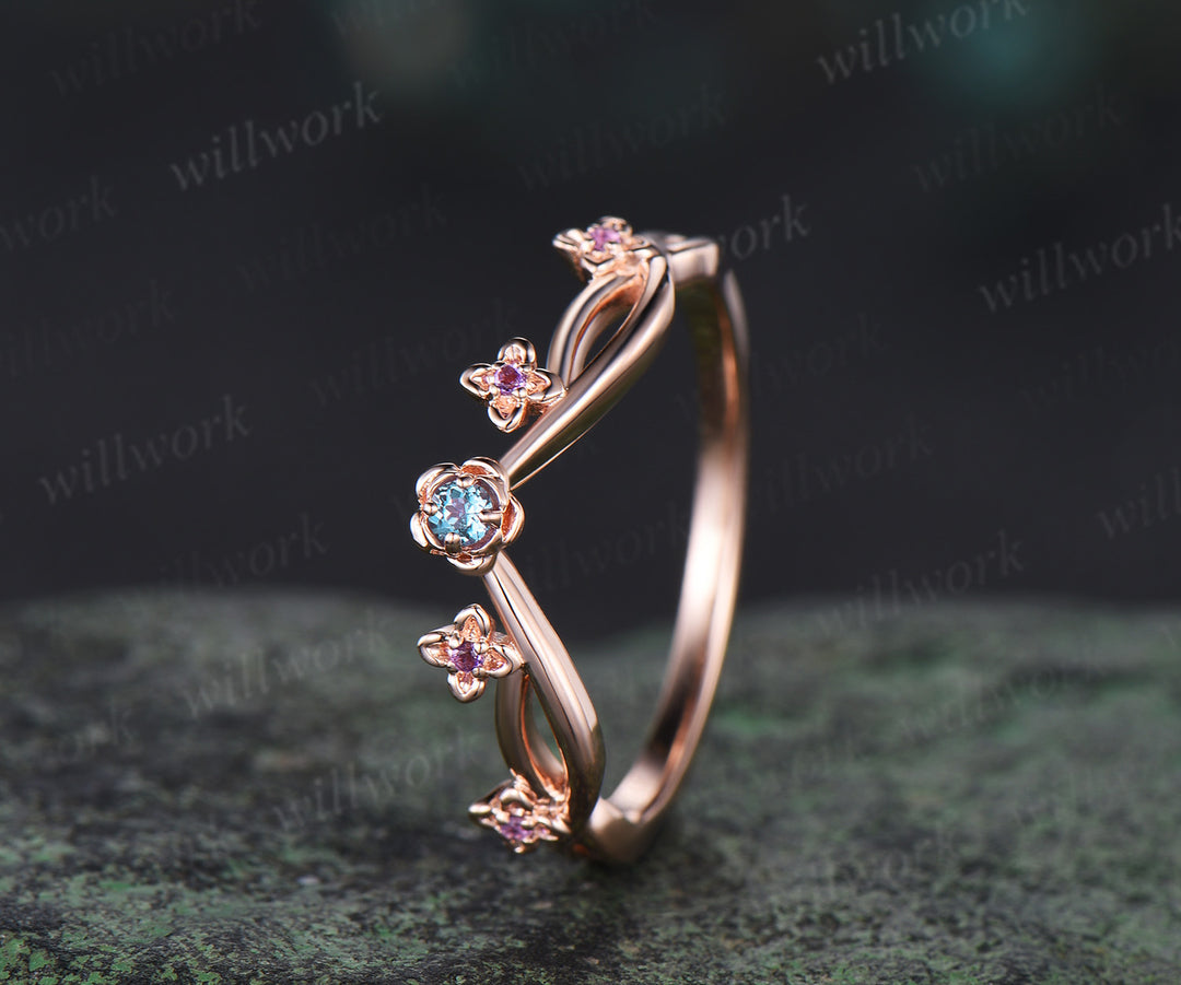 Floral Alexandrite amethyst wedding band five stone infinity stacking ring women 14k rose gold gift