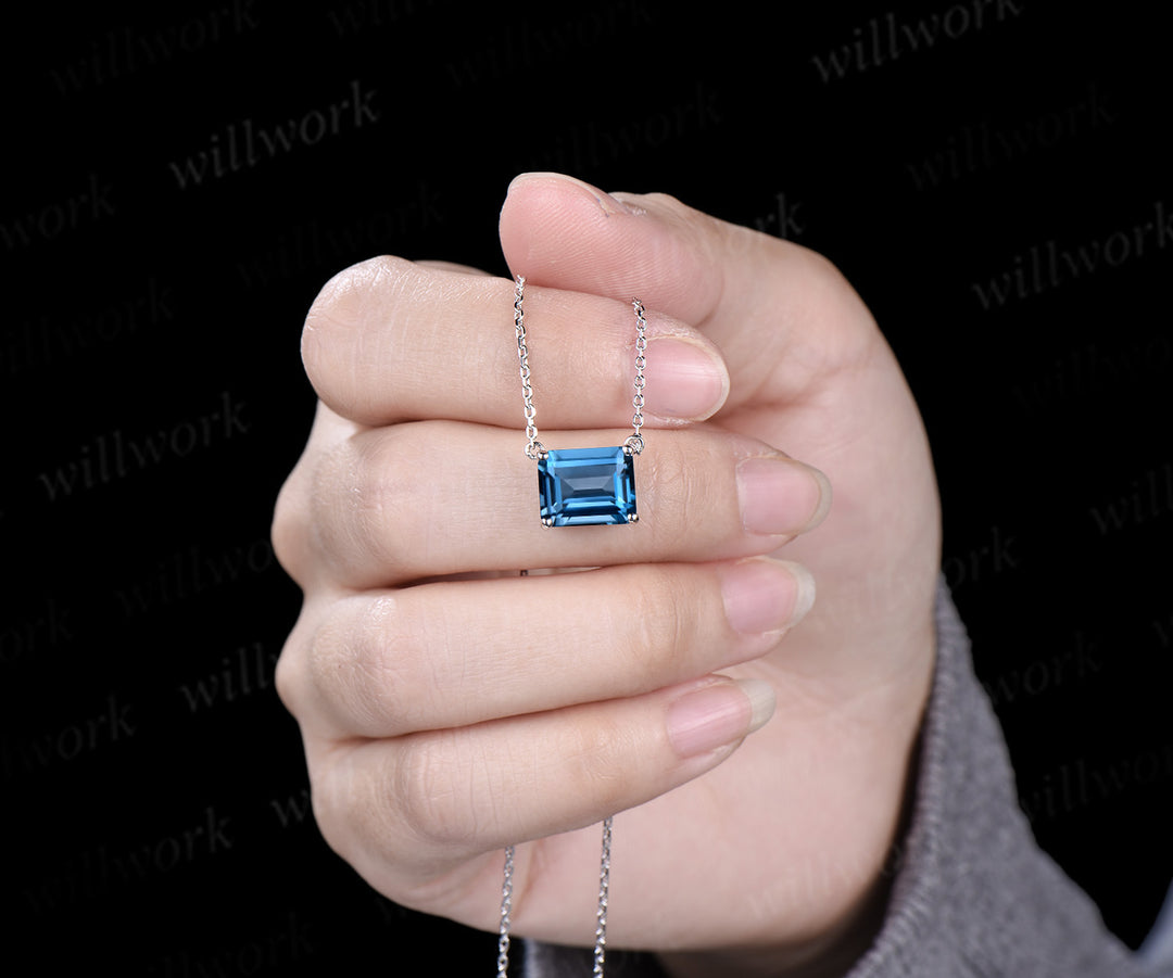 Emerald Cut London Blue Topaz Necklace 14k 18k white gold Solitaire East To West Necklace Women