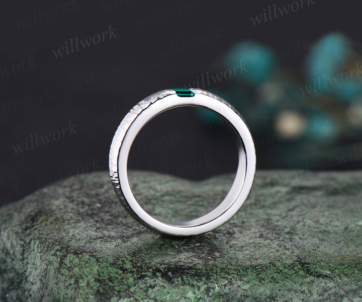 Unique Mens Emerald  Wedding Band Baguette Cut Green Gemstone Band 5mm Solid Gold Ring Mens Hammered Stacking Matching Band Retro Vintage Ring Gift