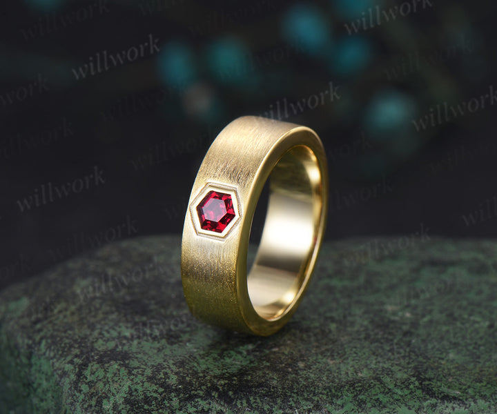 Mens Hexagon Cut Red Ruby Band 14K Solid Gold Men Solitaire Engagement Ring Brushed Finished Band Womens Ruby Wedding Band Unique Promise Ring