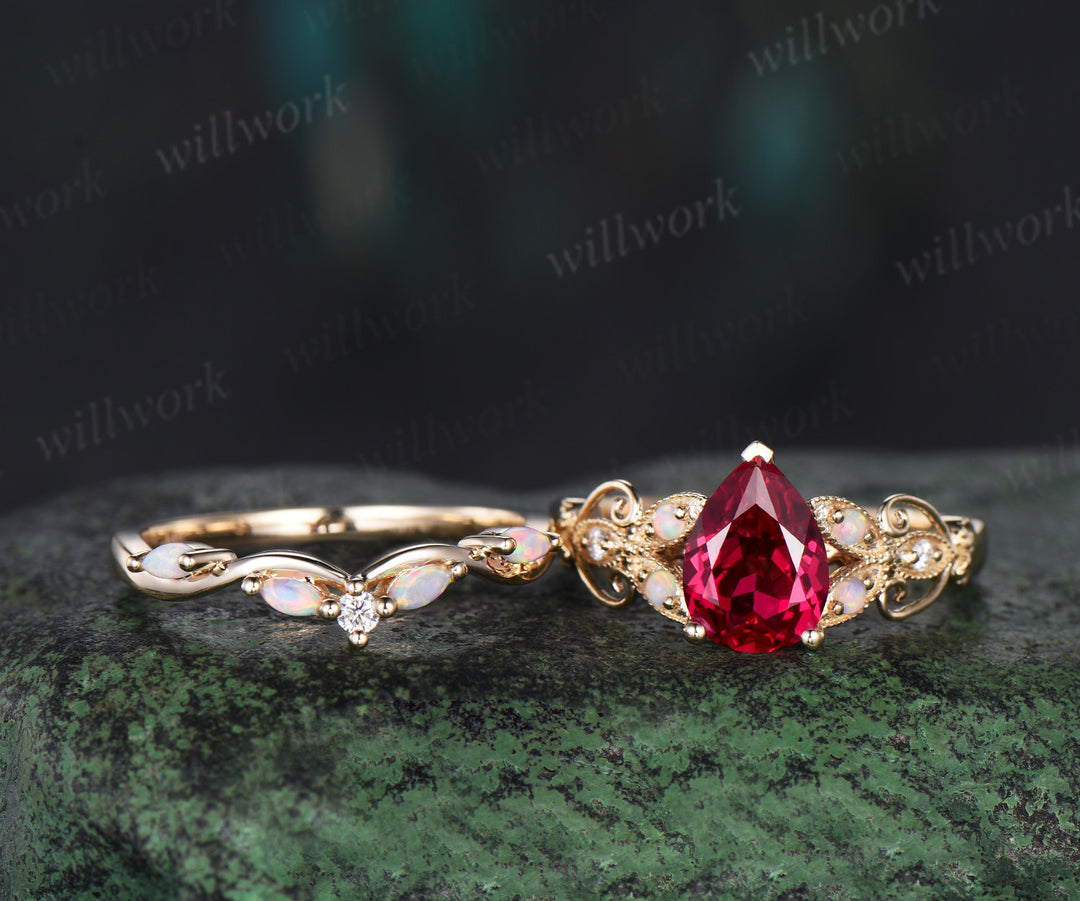 Vintage pear cut red ruby engagement ring set yellow gold butterfly Milgrain opal ring women stacking anniversary ring set gift