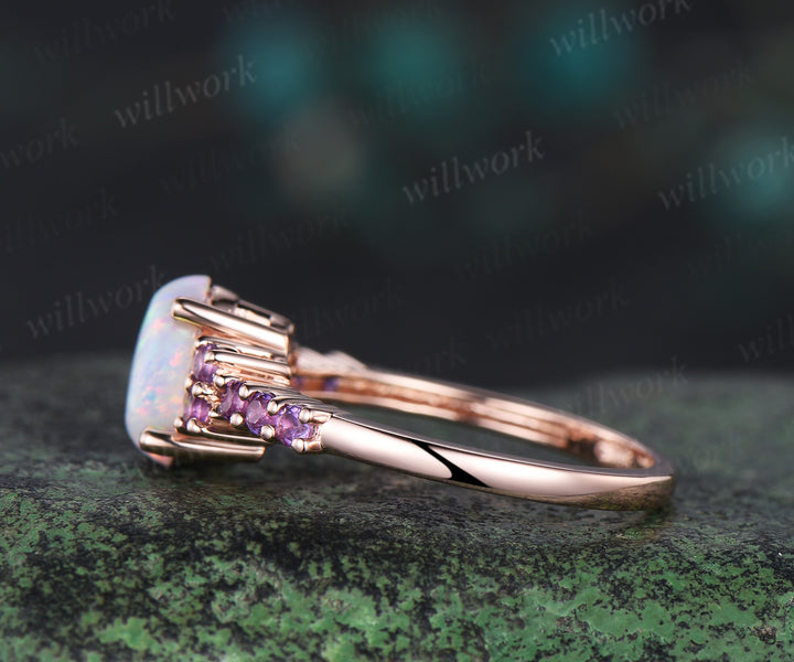 Oval white opal engagement ring vintage solid 14k rose gold half eternity amethyst ring women unique wedding anniversary ring gift