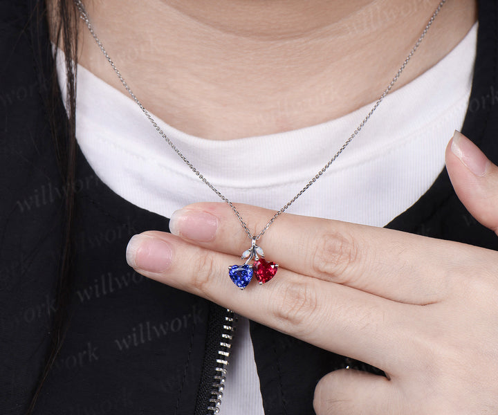 Double heart shaped sapphire ruby Necklace 14k white gold four stone Pendant Birthstone Gift