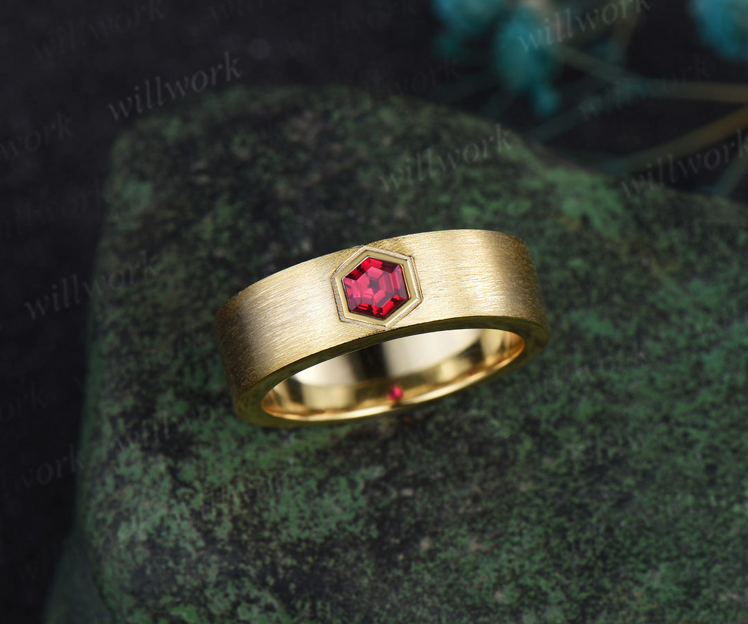 Mens Hexagon Cut Red Ruby Band 14K Solid Gold Men Solitaire Engagement Ring Brushed Finished Band Womens Ruby Wedding Band Unique Promise Ring