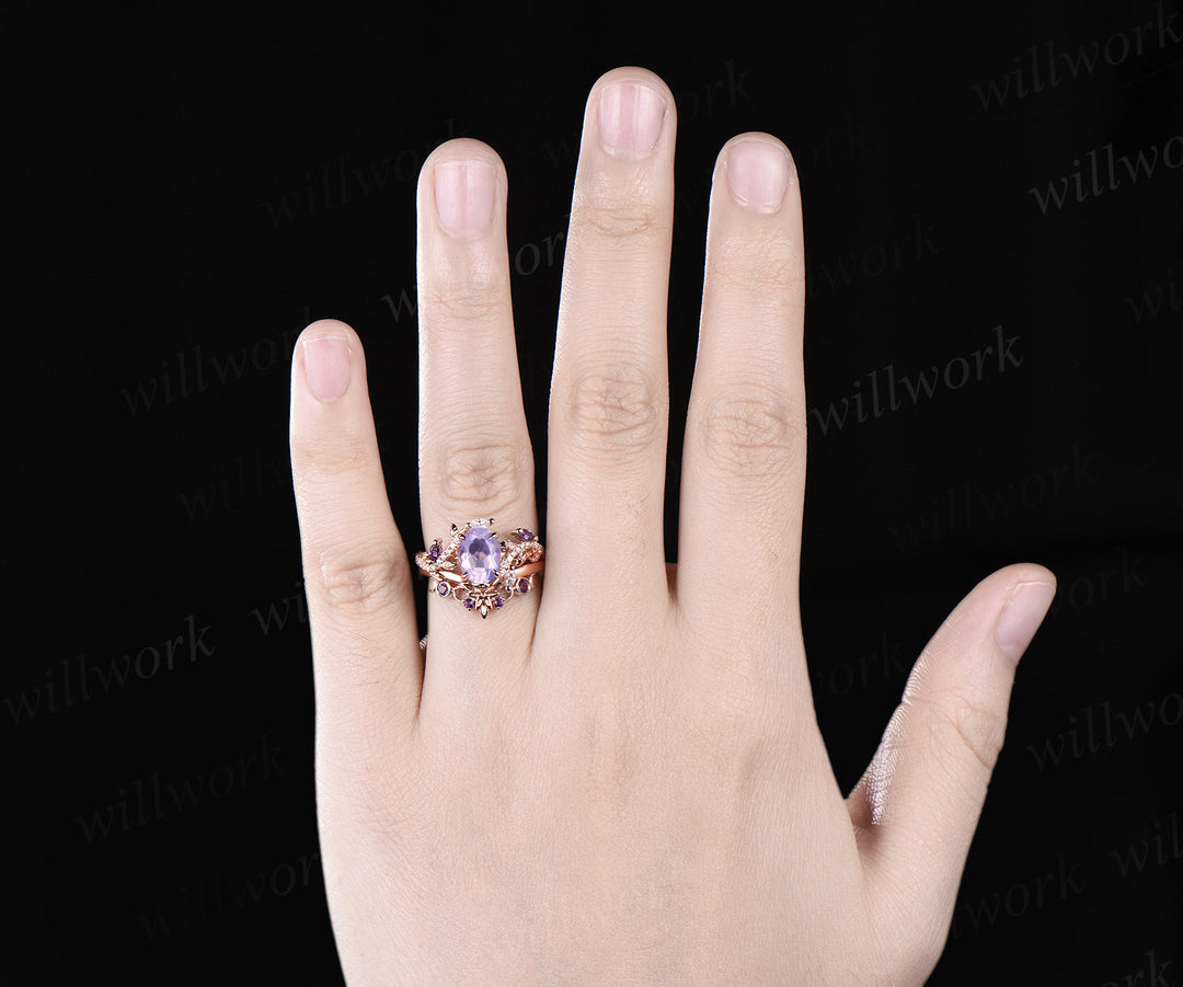 Unique Oval Cut Lavender Amethyst Engagement Ring Set February Birthstone Moon Leaf Nature Inspired Ring Art Deco 2pcs Bridal Ring Set Women