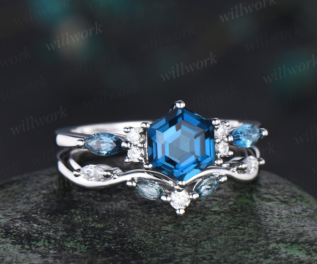 Hexagon cut London blue topaz engagement ring set stacking moissanite alexandrite bridal set women 14k white gold