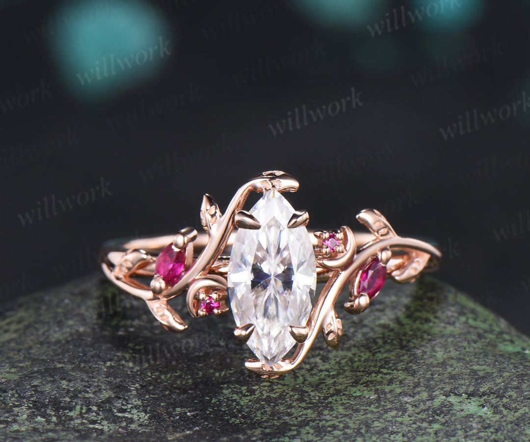 Marquise cut moissanite ring set leaf moon twig ring ruby accents nature inspired bridal set