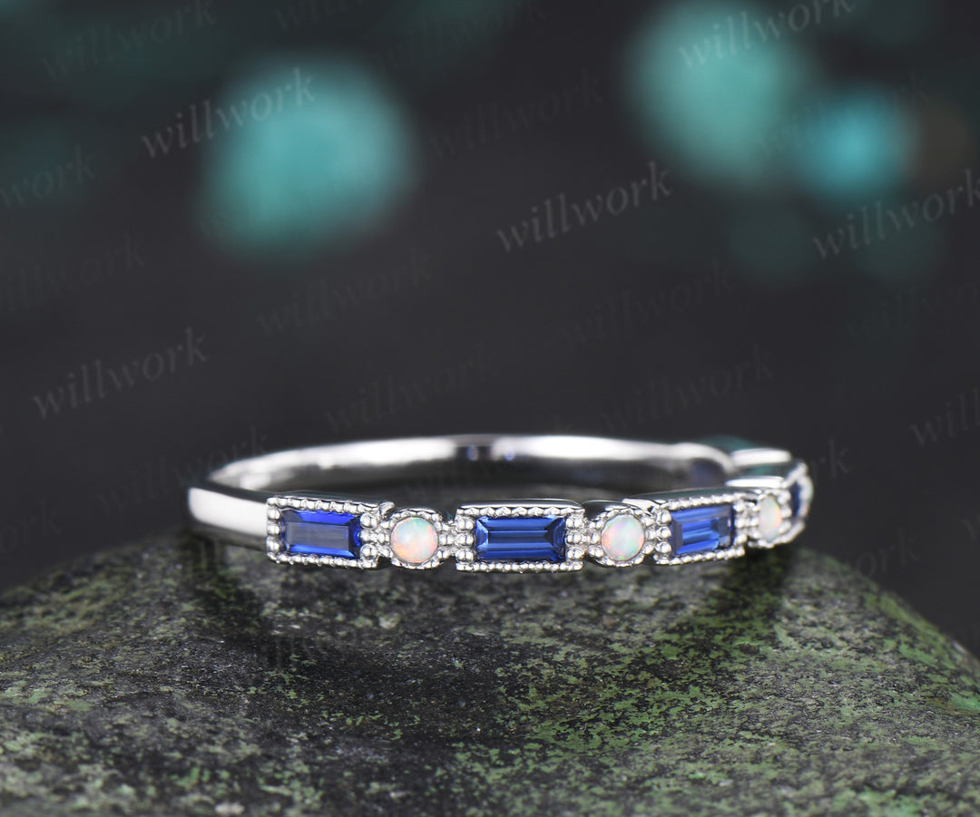 Baguette cut sapphire opal wedding band milgrain half eternity wedding ring band vintage unique stacking ring gifts for her
