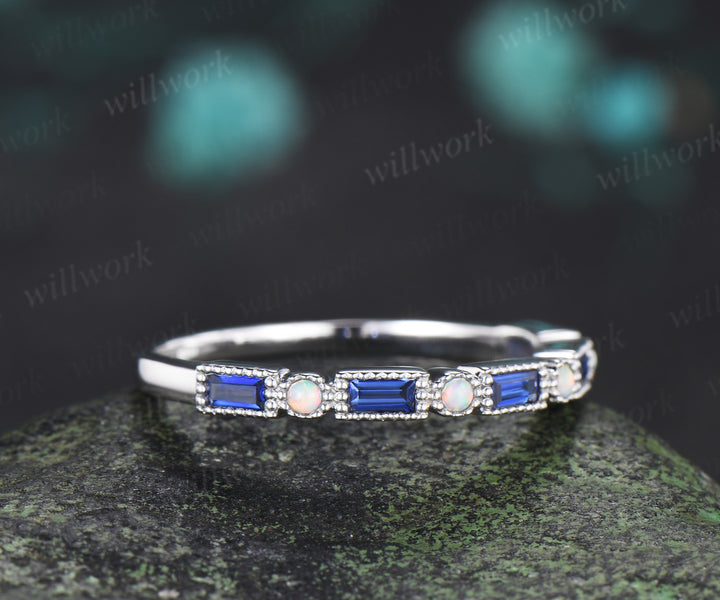 Baguette cut sapphire opal wedding band milgrain half eternity wedding ring band vintage unique stacking ring gifts for her