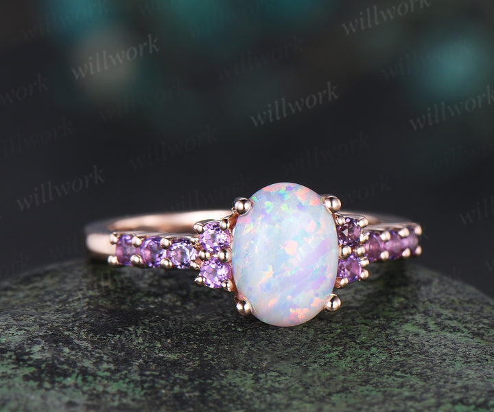 Oval white opal engagement ring vintage solid 14k rose gold half eternity amethyst ring women unique wedding anniversary ring gift