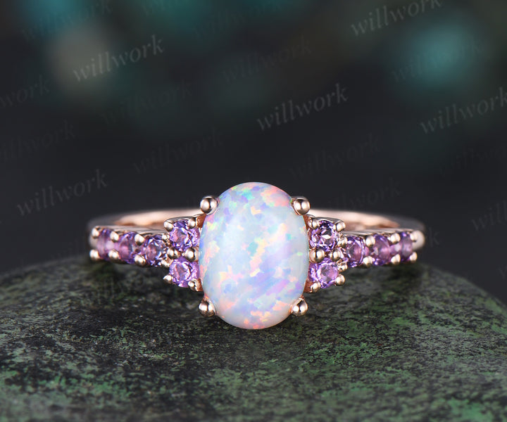 Oval white opal engagement ring vintage solid 14k rose gold half eternity amethyst ring women unique wedding anniversary ring gift