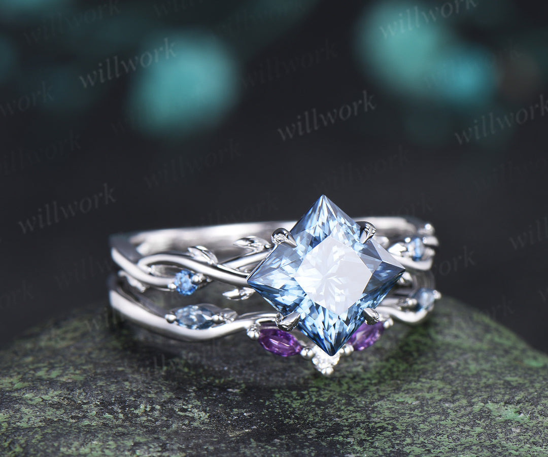 Princess Cut Blue Moissanite Ring Set Twig Branch Engagement Ring Amethyst Accents Twisted Wedding Band Unique Bridal Set