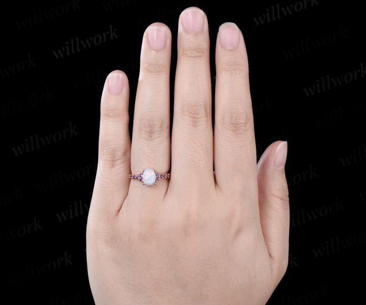 Oval white opal engagement ring vintage solid 14k rose gold half eternity amethyst ring women unique wedding anniversary ring gift