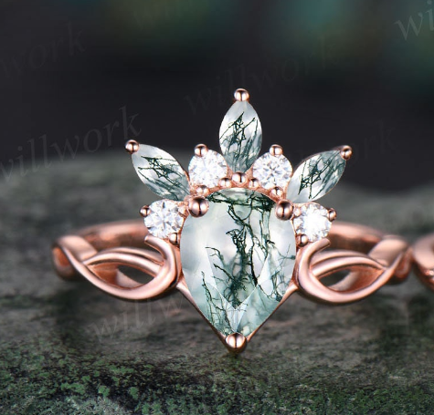 Vintage pear shaped green moss agate engagement ring set art deco crown cluster moissanite rose gold ring unique anniversary ring women gift