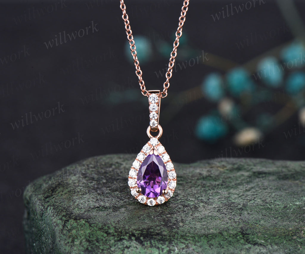 Pear shaped Amethyst Necklace Solid 14k Rose Gold Vintage Unique Halo –  WILLWORK JEWELRY