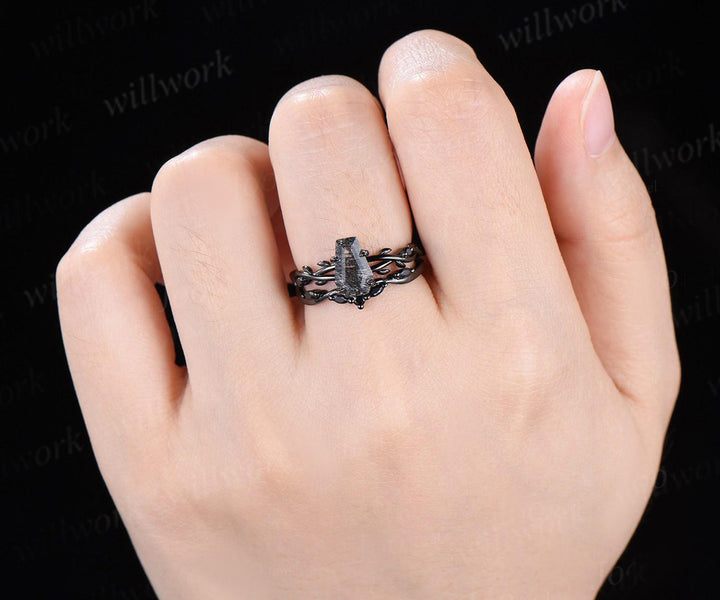 Retro Coffin Cut Natural Black Rutilated Quartz Engagement Ring Set Twig Vine Black Gothic Wedding Ring Set for Black Wedding Dress/Gown