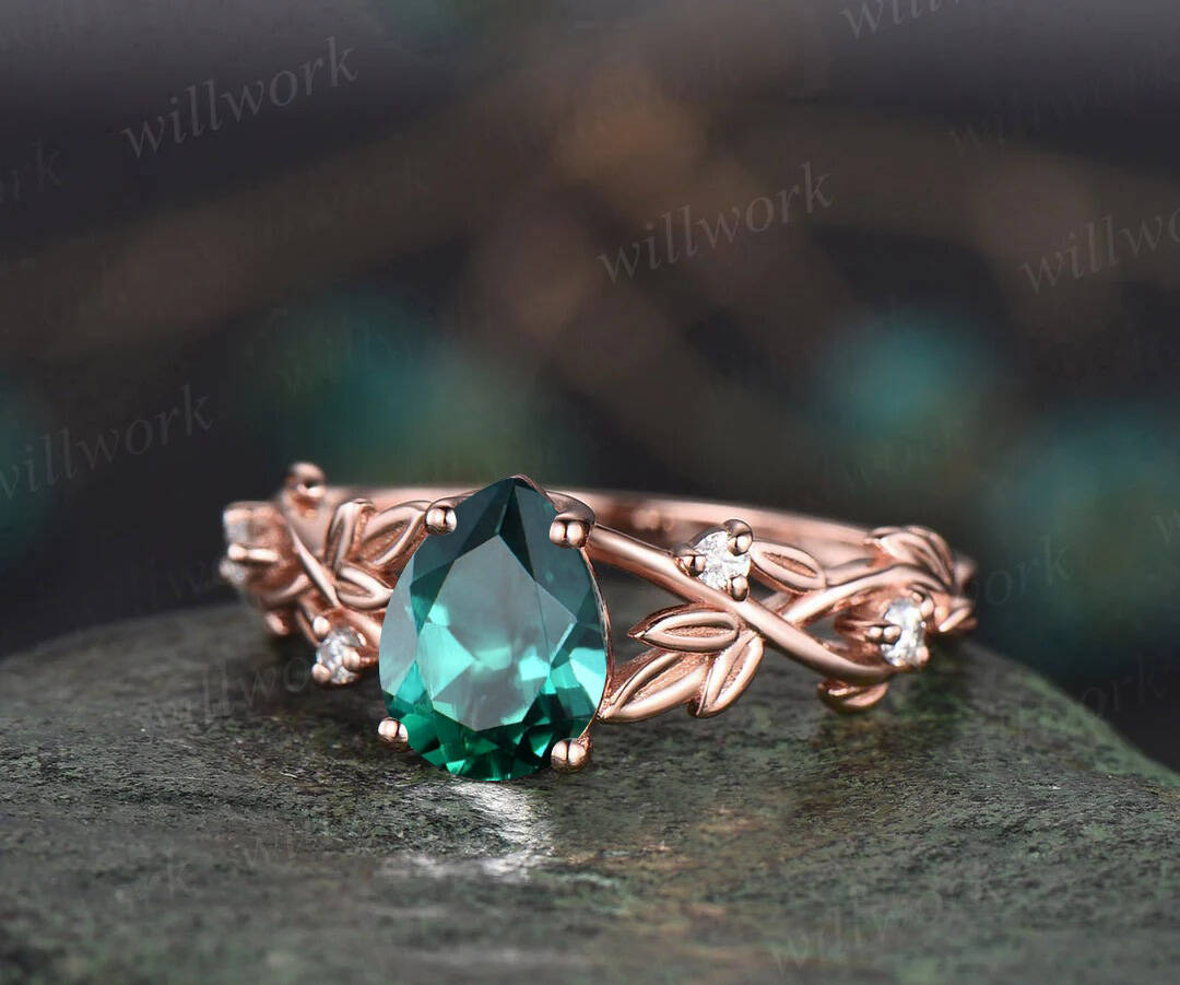 Twig pear shaped emerald engagement ring set 14k rose gold five stone leaf branch Nature inspired ring diamond wedding ring set women gift
