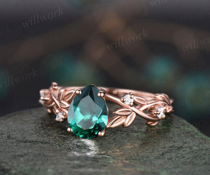 Twig pear shaped emerald engagement ring set 14k rose gold five stone leaf branch Nature inspired ring diamond wedding ring set women gift