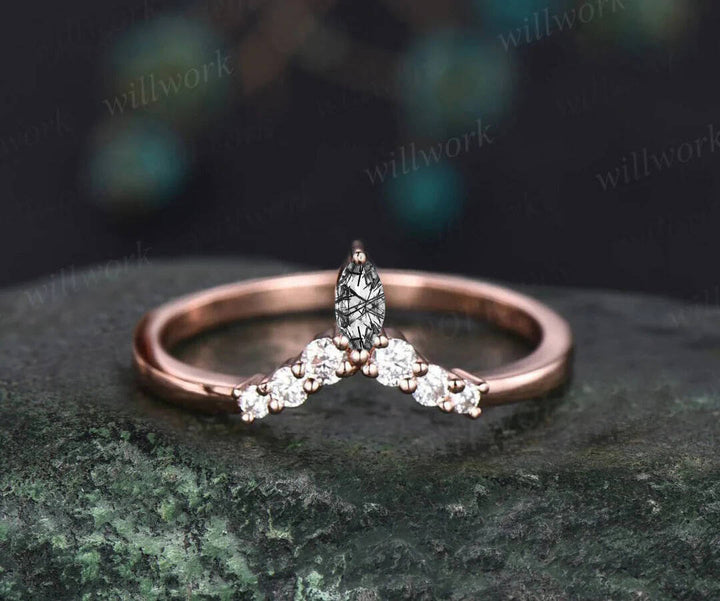 Vintage kite cut black rutilated quartz engagement ring set marquise cut ring 14k rose gold unique diamond promise wedding ring set women