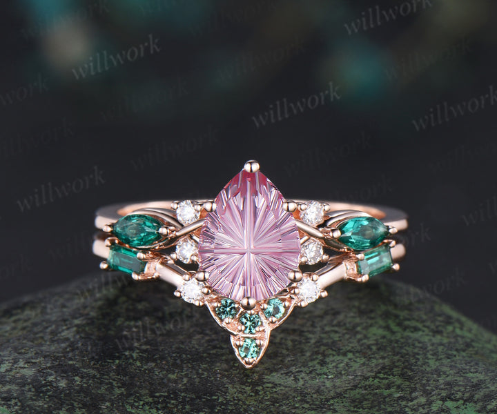 Pear Fantasy Cut Padparadscha Engagement Ring Seven Stone Pink Sapphire Promise Ring Celtic knot Baguette Cut Emerald Band Bridal Set