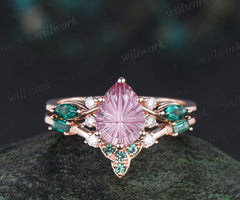 Pear Fantasy Cut Padparadscha Engagement Ring Seven Stone Pink Sapphire Promise Ring Celtic knot Baguette Cut Emerald Band Bridal Set