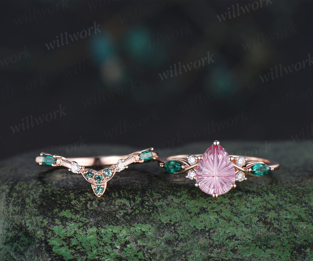 Pear Fantasy Cut Padparadscha Engagement Ring Seven Stone Pink Sapphire Promise Ring Celtic knot Baguette Cut Emerald Band Bridal Set
