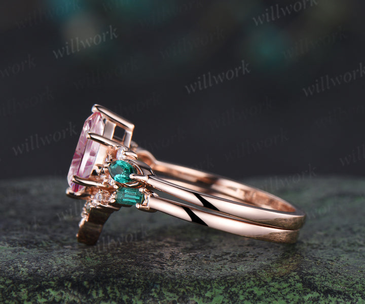 Pear Fantasy Cut Padparadscha Engagement Ring Seven Stone Pink Sapphire Promise Ring Celtic knot Baguette Cut Emerald Band Bridal Set