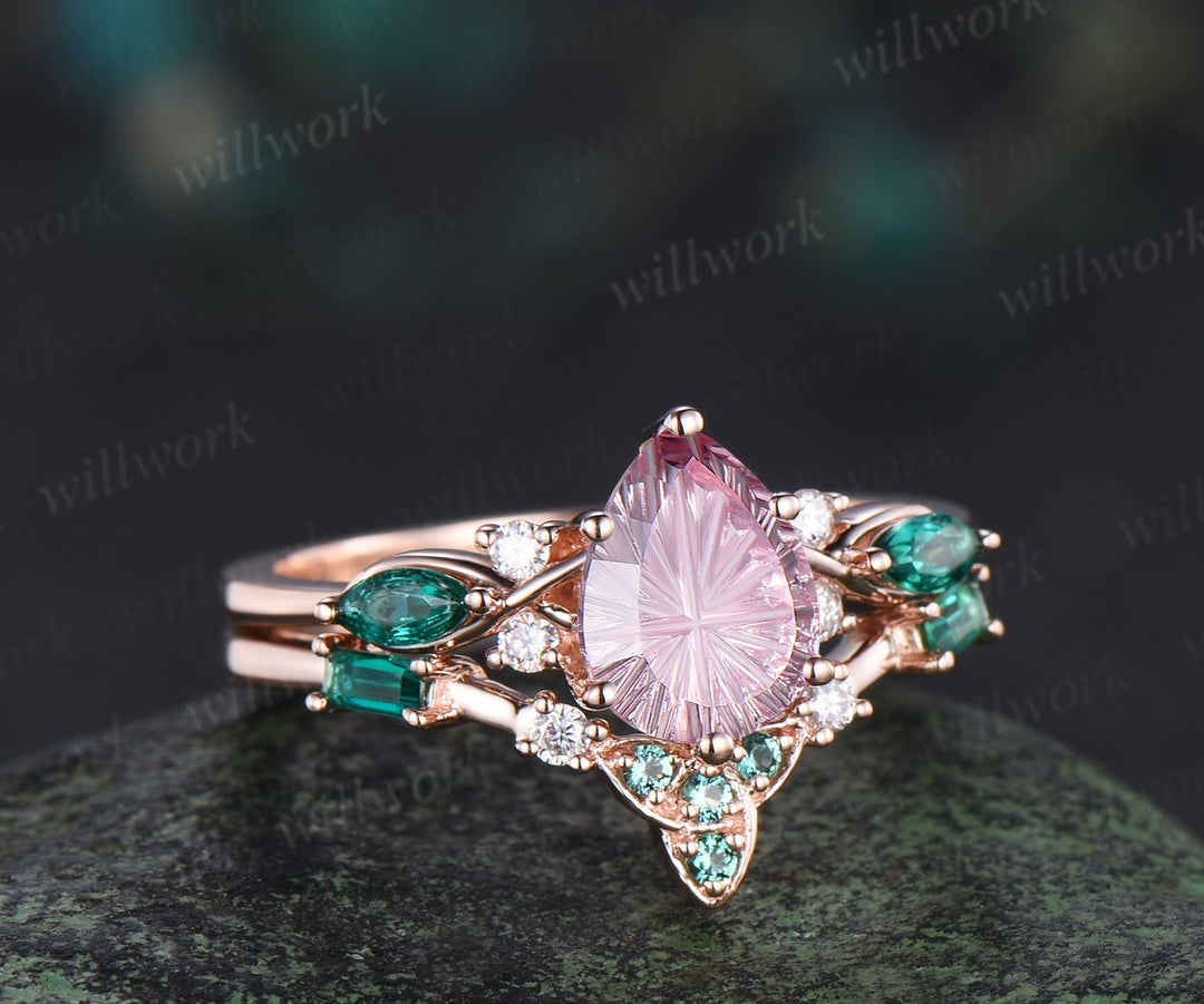 Pear Fantasy Cut Padparadscha Engagement Ring Seven Stone Pink Sapphire Promise Ring Celtic knot Baguette Cut Emerald Band Bridal Set