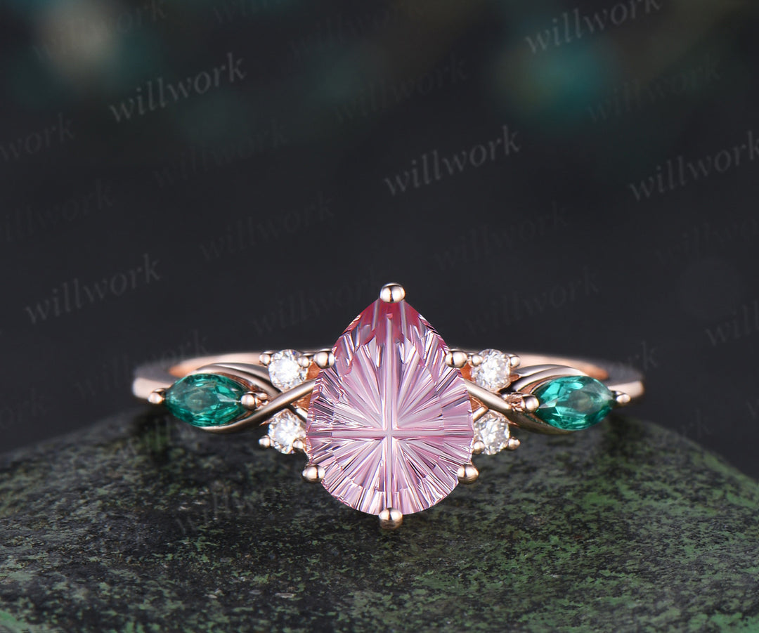 Pear Fantasy Cut Padparadscha Engagement Ring Seven Stone Pink Sapphire Promise Ring Celtic knot Baguette Cut Emerald Band Bridal Set