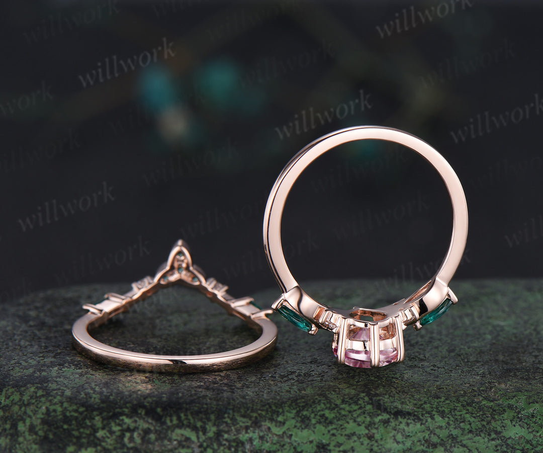 Pear Fantasy Cut Padparadscha Engagement Ring Seven Stone Pink Sapphire Promise Ring Celtic knot Baguette Cut Emerald Band Bridal Set
